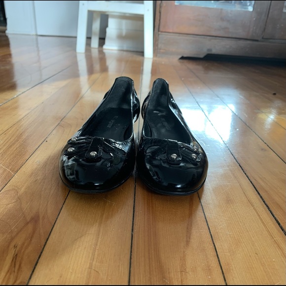 Mr Seymour’s 8.5M Designer Patent Leather Cut Out Studded Black Ballet Flats - Picture 1 of 5
